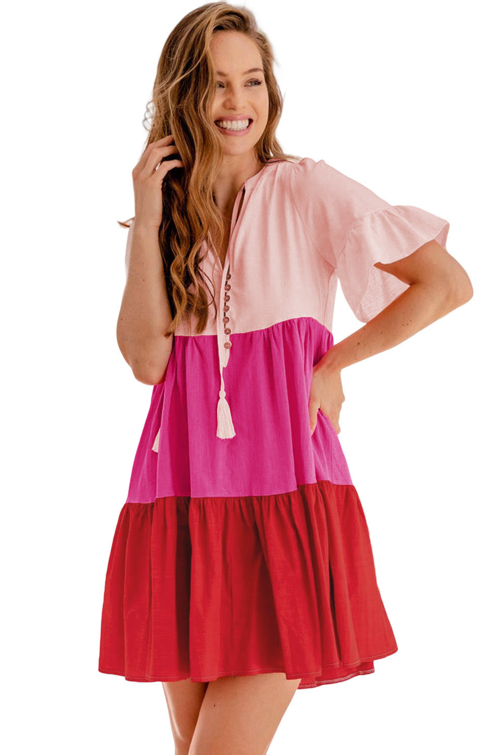 Tie Button V Neck Short Flowy Sleeve Tiered Dress