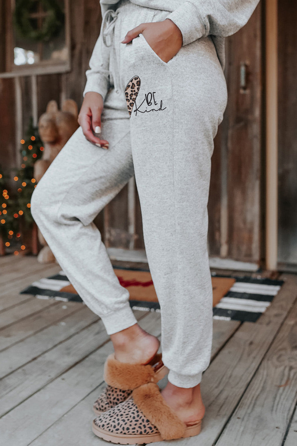 BE Kind Leopard Heart Graphic Pullover and Joggers Lounge Set