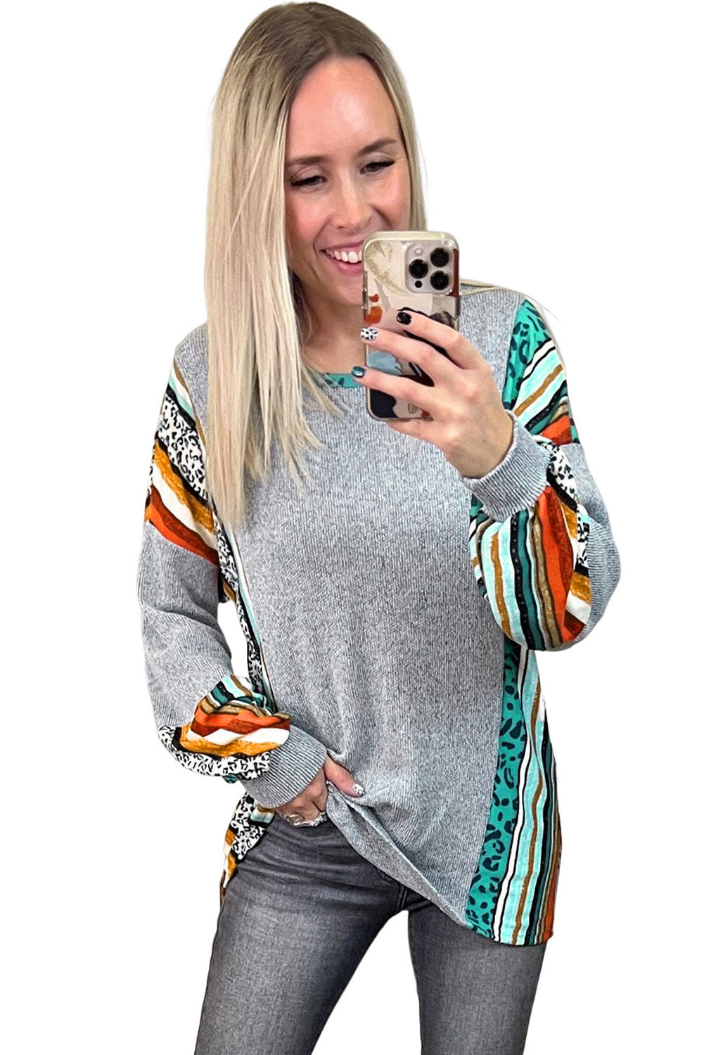 Leopard Serape Drop Shoulder Bubble Sleeves Knit Top