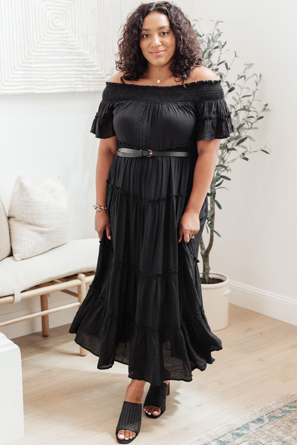 Plus Size Smocked Off Shoulder Frill Tiered Maxi Dress