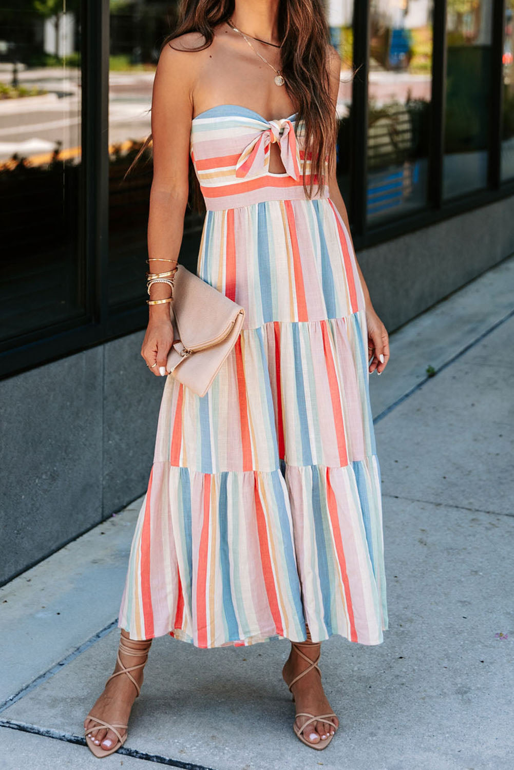 Multicolor Striped Tie Decor Strapless Tiered Maxi Dress