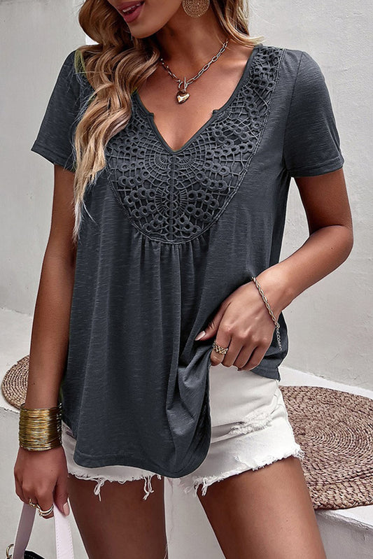 Lace Crochet Patchwork V Neck T Shirt