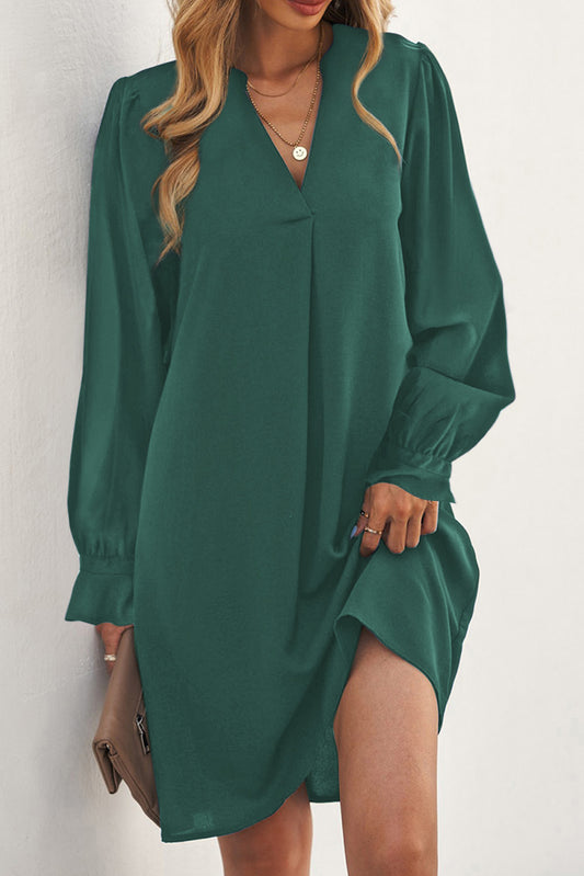 Split V Neck Ruffled Sleeves Shirt Dress