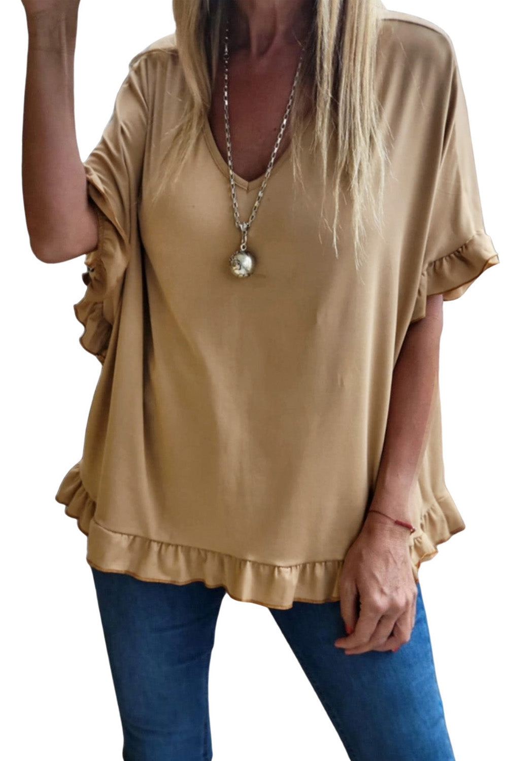 Khaki Ruffle Trim Short Sleeve Oversize Blouse