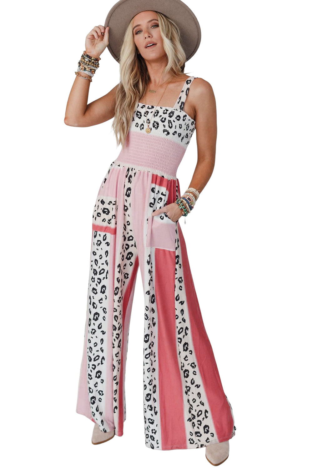 Color Block Mix Print Pocketed Jumpsuit