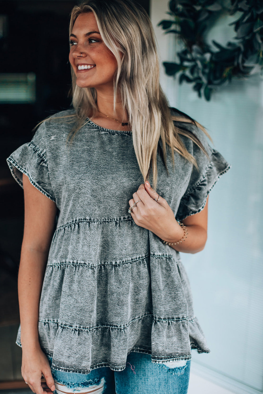 Flutter Sleeves Tiered Denim Top