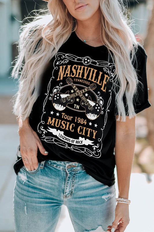 NASHVILLE Letter Guitar Print Short Sleeve Graphic Tee