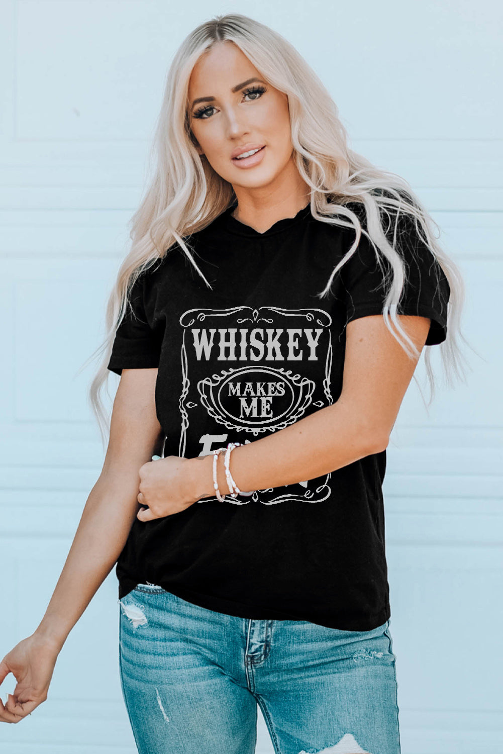 WHISKEY Makes Me Frisky Print Crewneck Graphic Tee