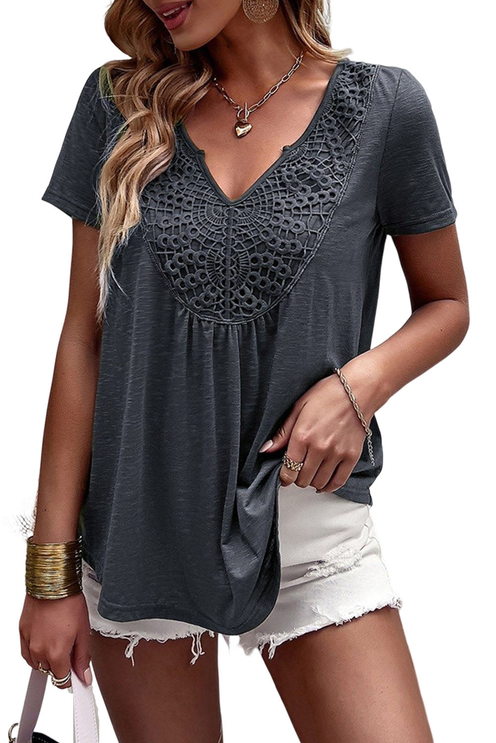 Lace Crochet Patchwork V Neck T Shirt