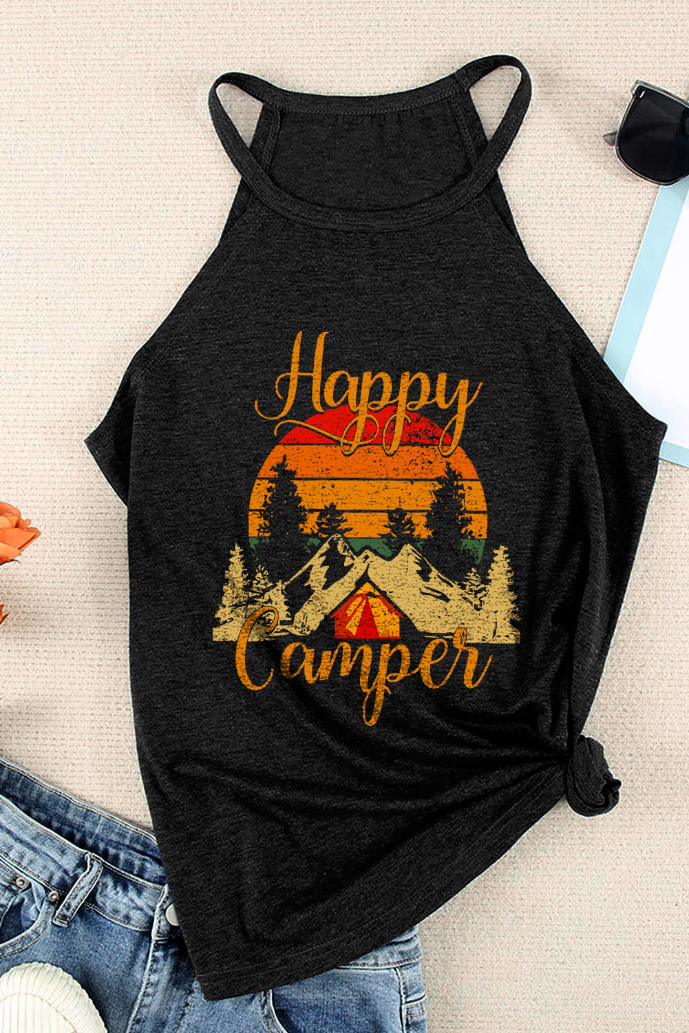 Happy Camper Pattern Printed Color Block Slim Fit Tank Top