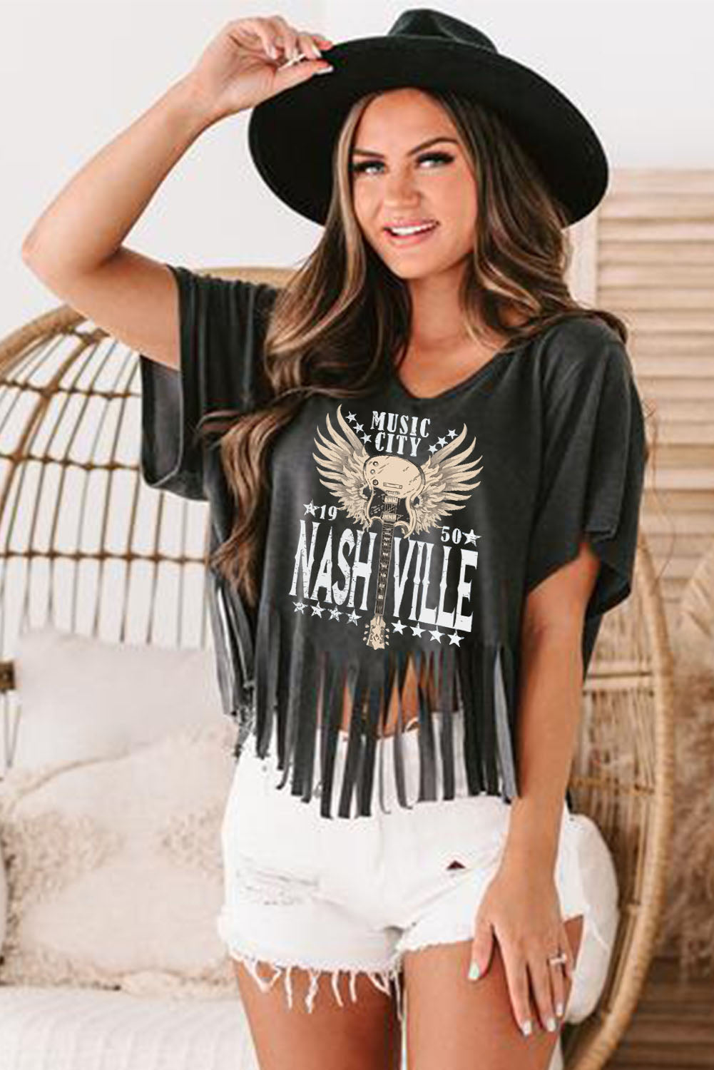 Guitar Wings Slogan Graphic Print Fringed T Shirt