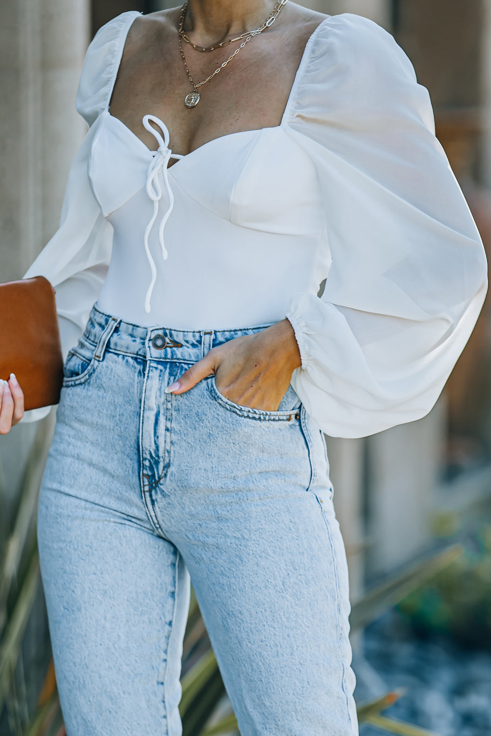 Criss Cross Backless Puff Sleeve Bodysuit