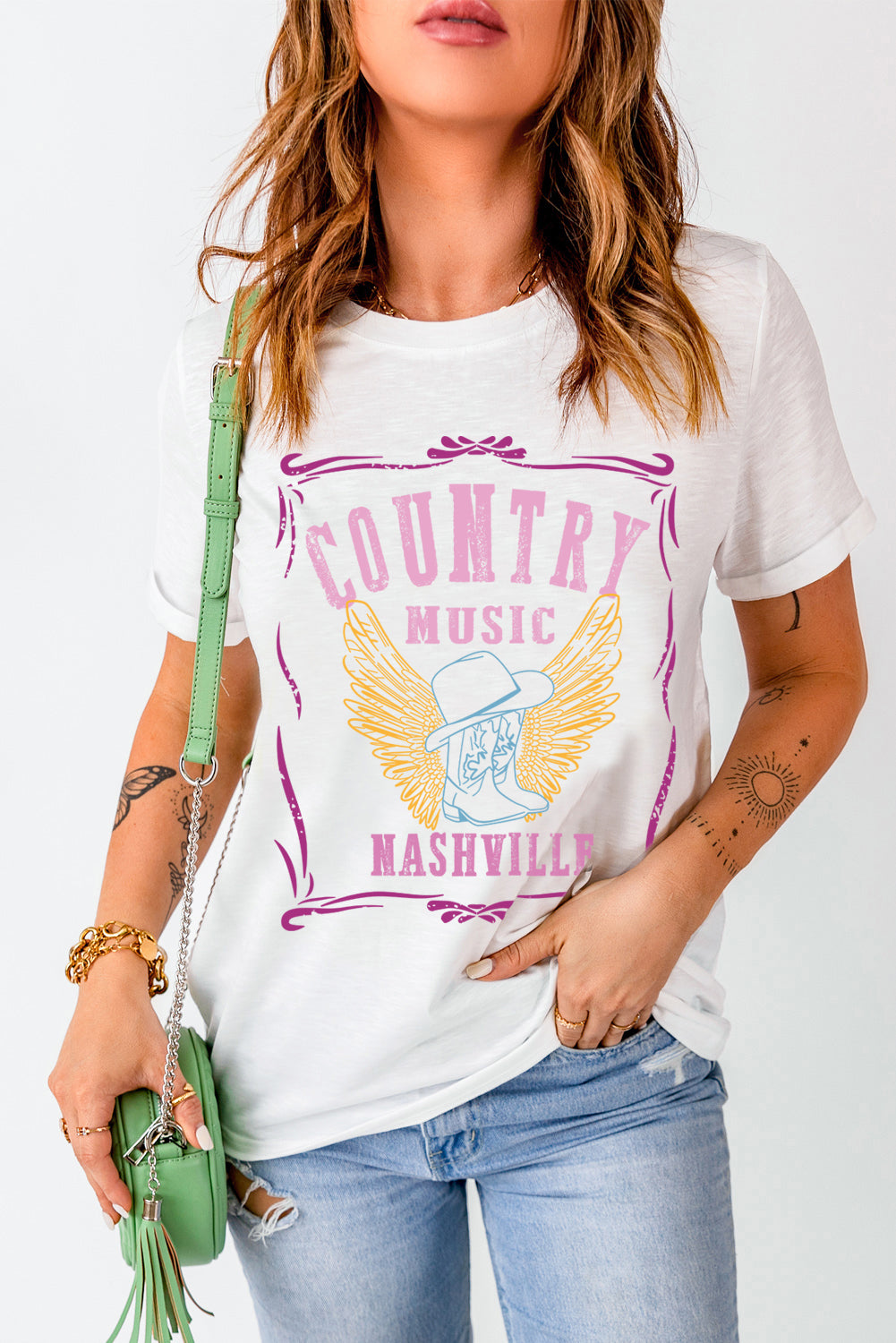 COUNTRY MUSIC Boots Wings Print Graphic T Shirt
