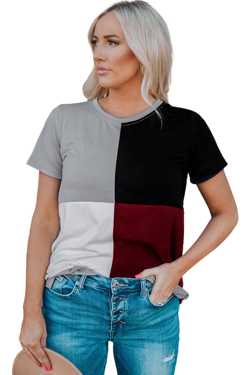 Wine Red Colorblock T-shirt with Slits