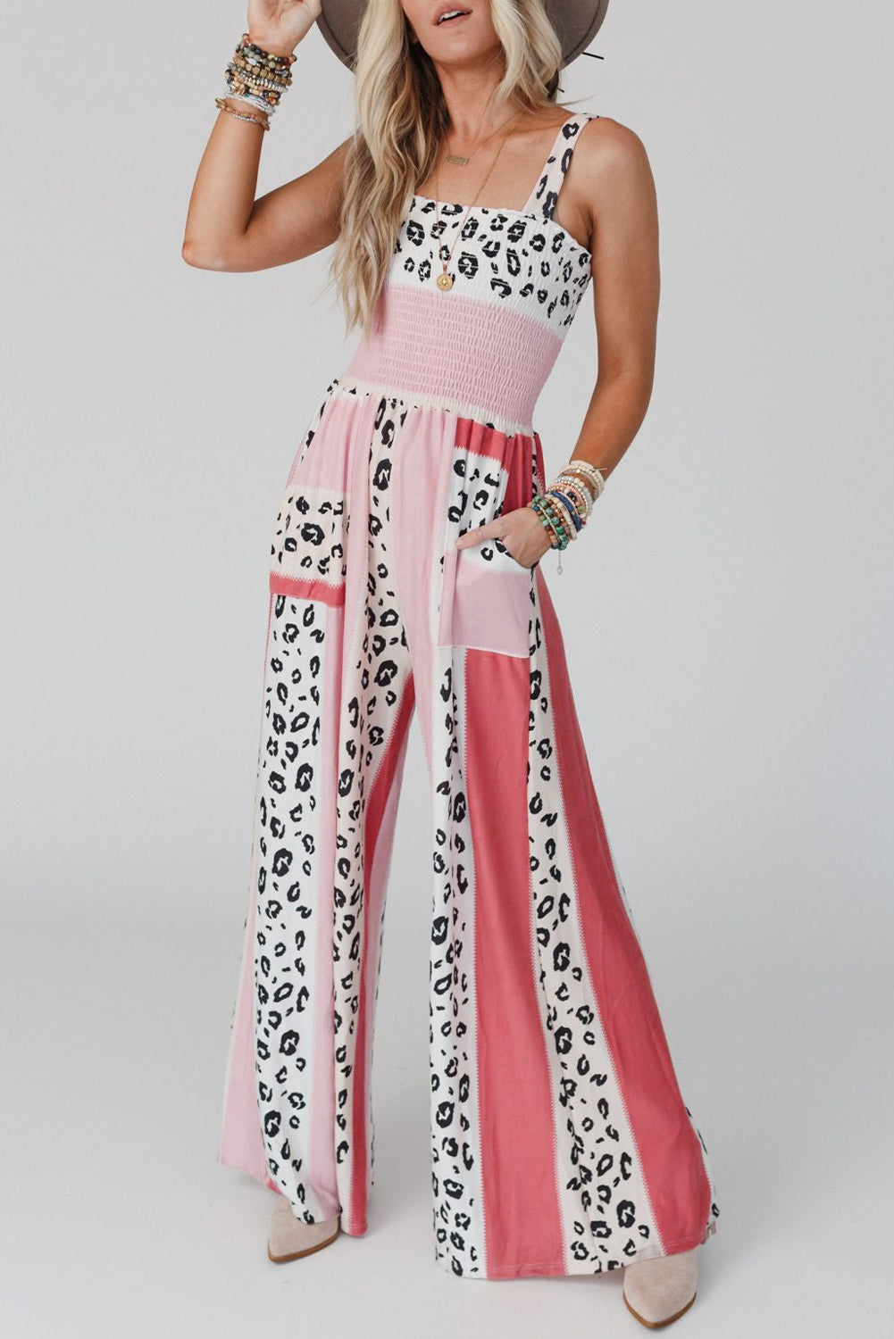 Color Block Mix Print Pocketed Jumpsuit