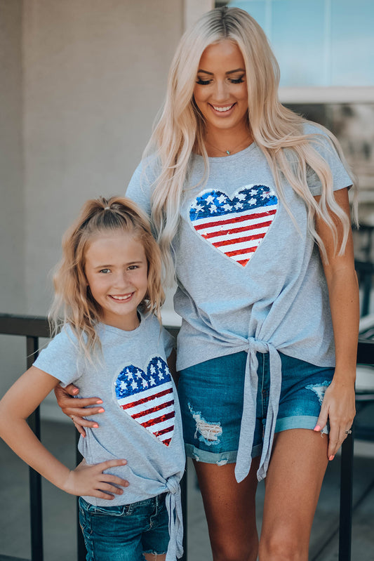 Mommy Patriotic Flag Sequin Heart Applique Knot Top