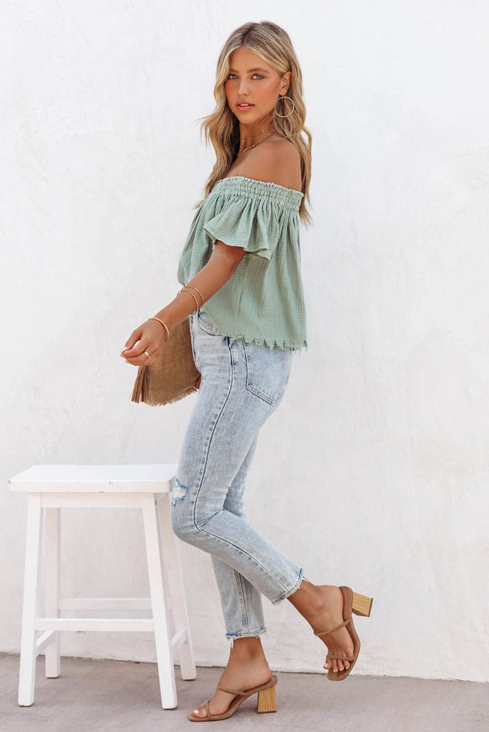 Off Shoulder Textured Ruched Ruffle Blouse