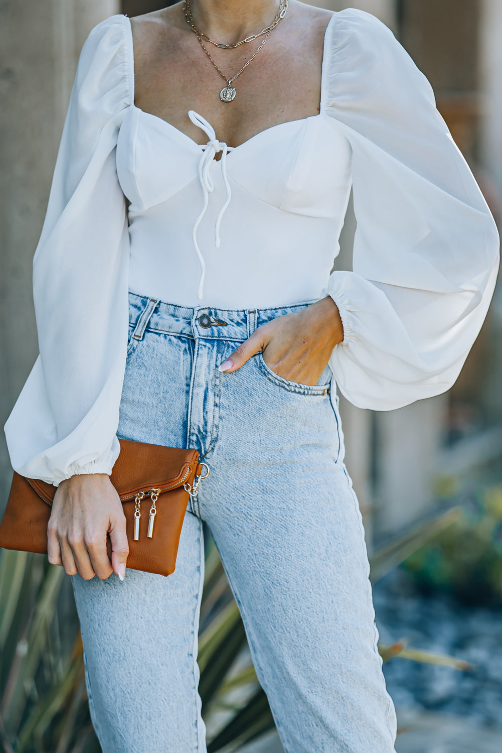 Criss Cross Backless Puff Sleeve Bodysuit