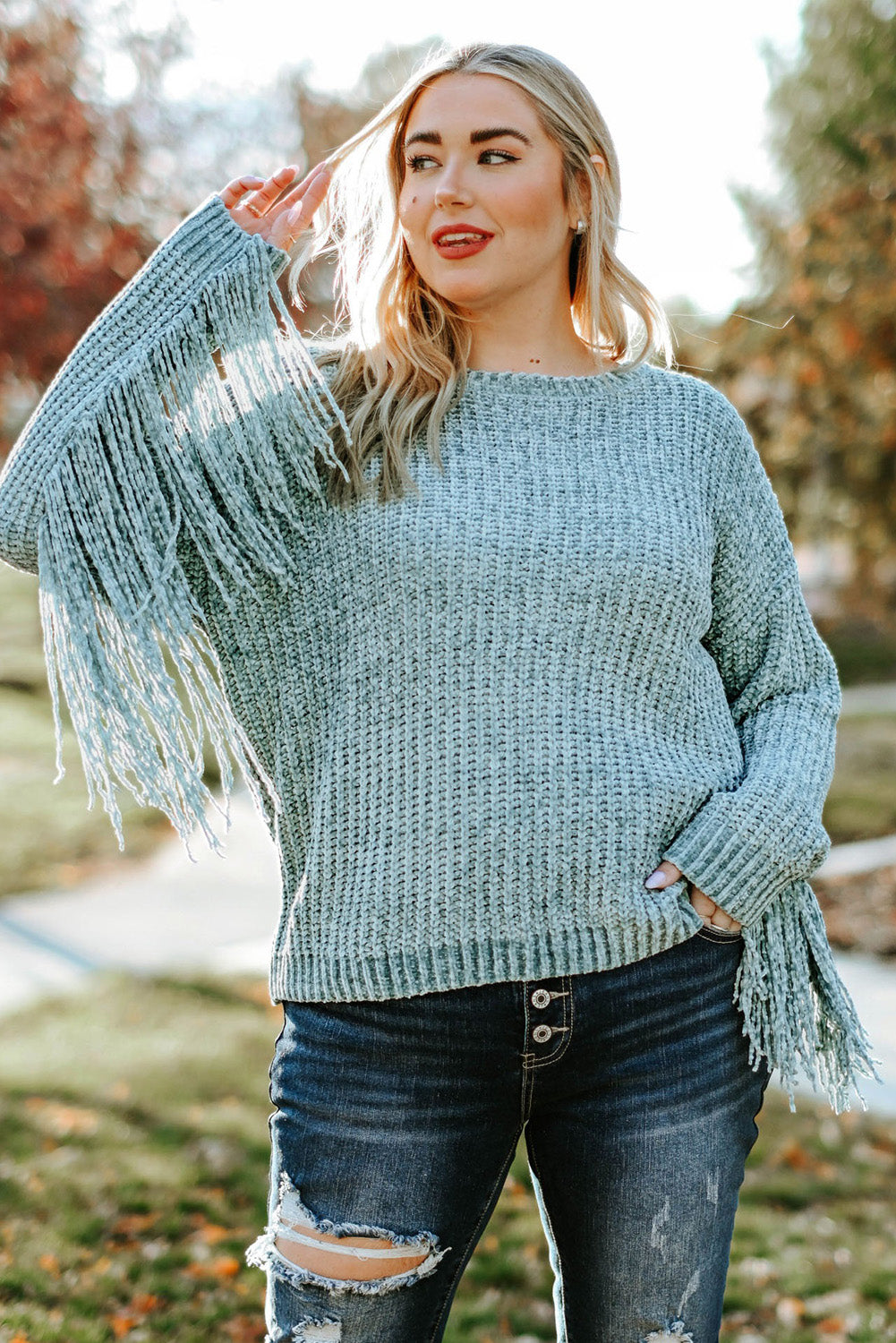 Plus Size Fringed Long Sleeve Knit Sweater