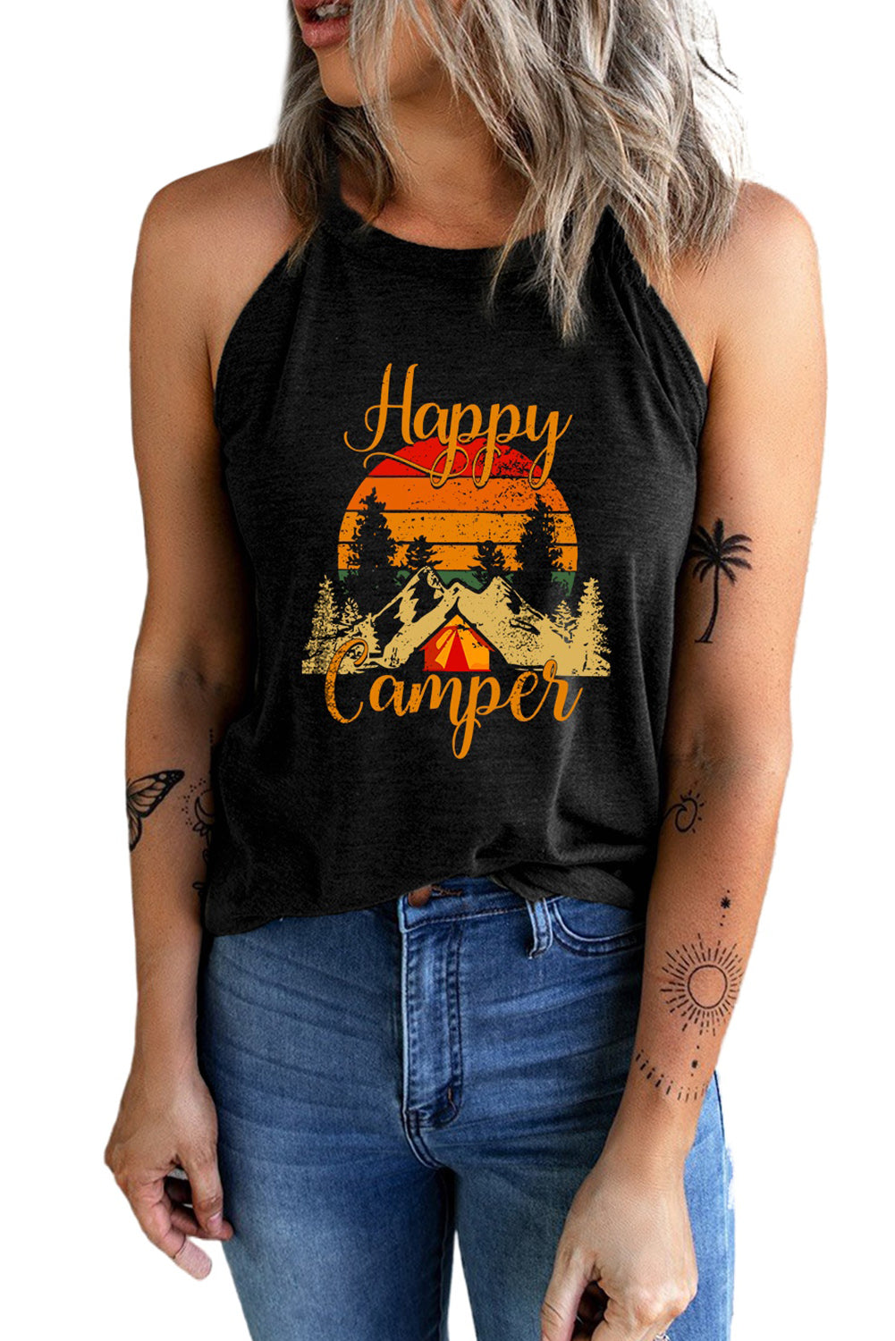 Happy Camper Pattern Printed Color Block Slim Fit Tank Top