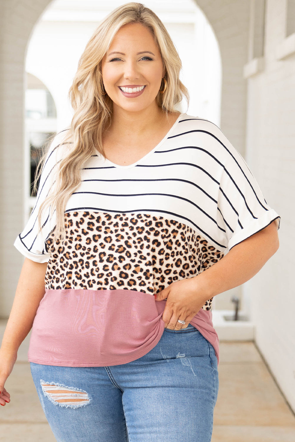 Striped Leopard Color Block Plus Size T-Shirt