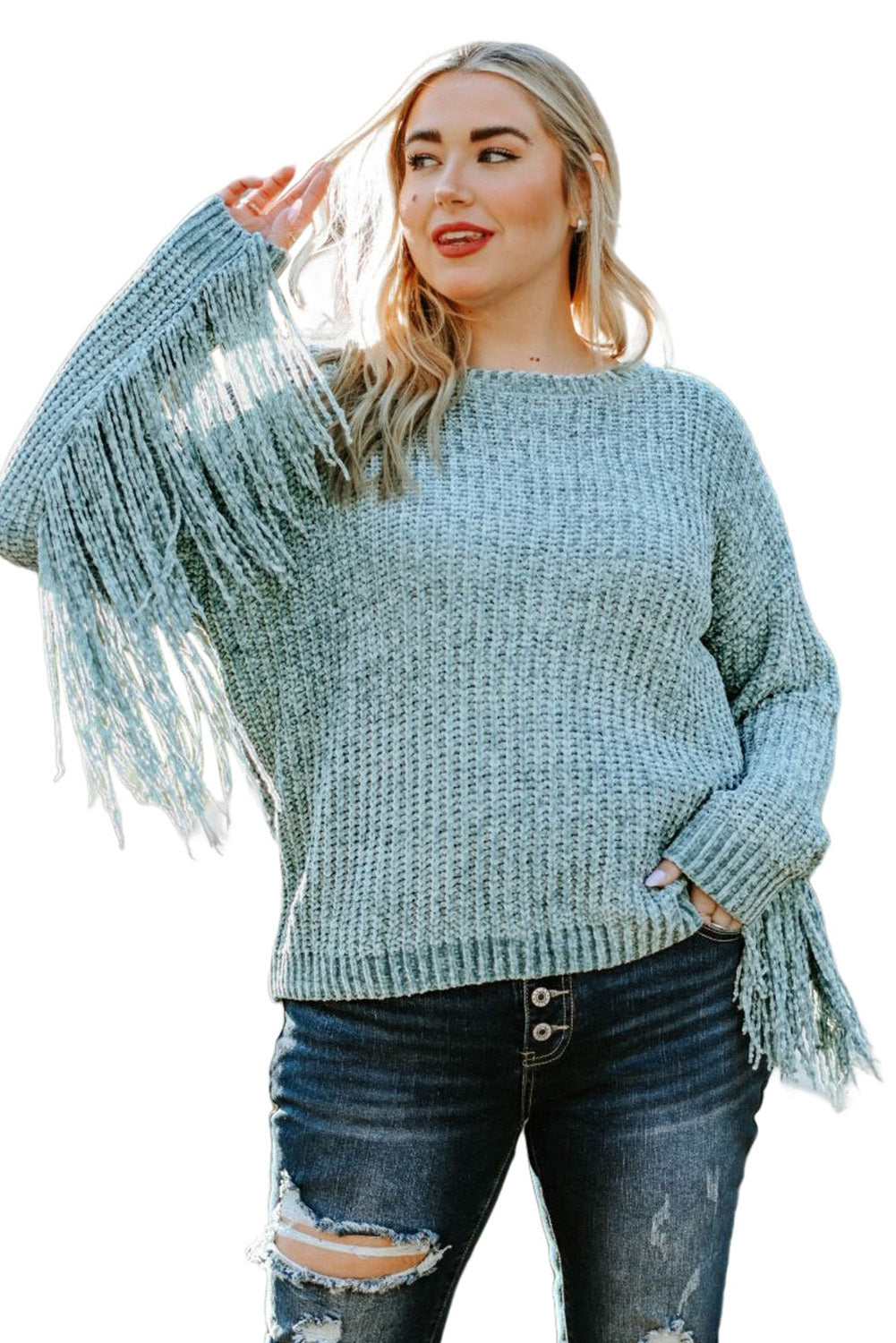 Plus Size Fringed Long Sleeve Knit Sweater