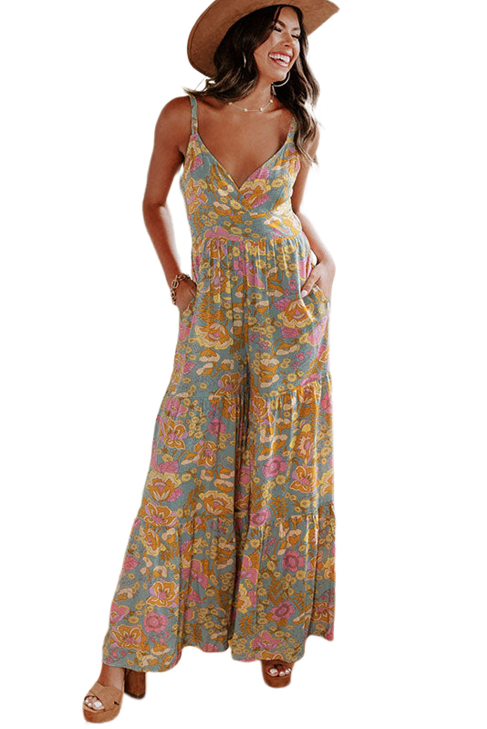 Adjustable Straps Floral Tiered Wide Leg Jumpsuit