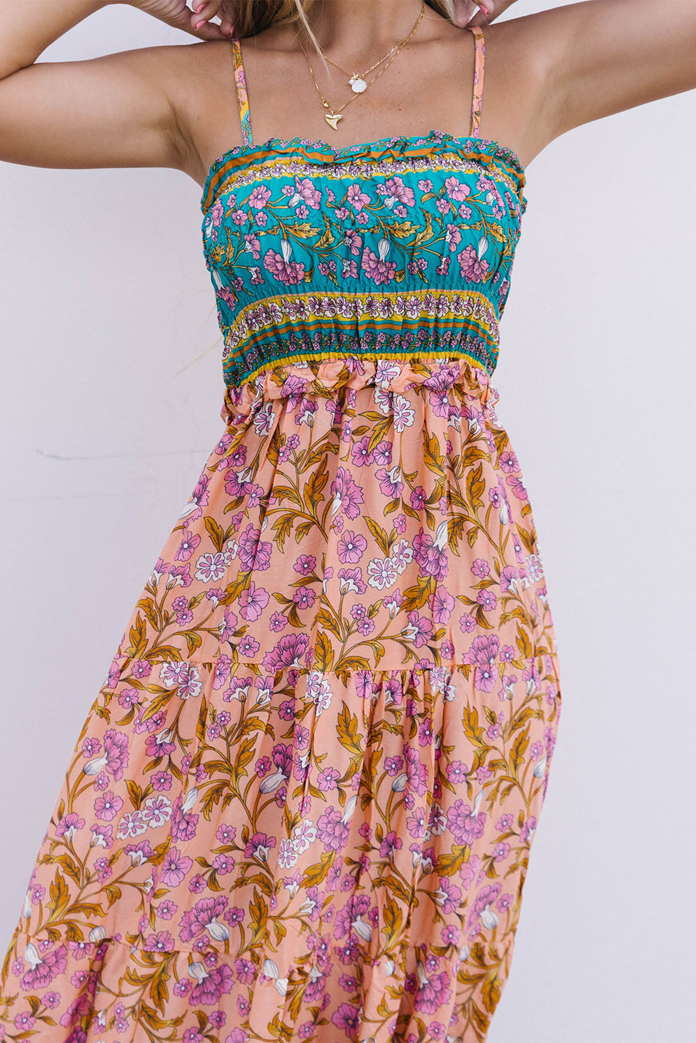 Floral Print Bodice Spaghetti Strap Maxi Dress