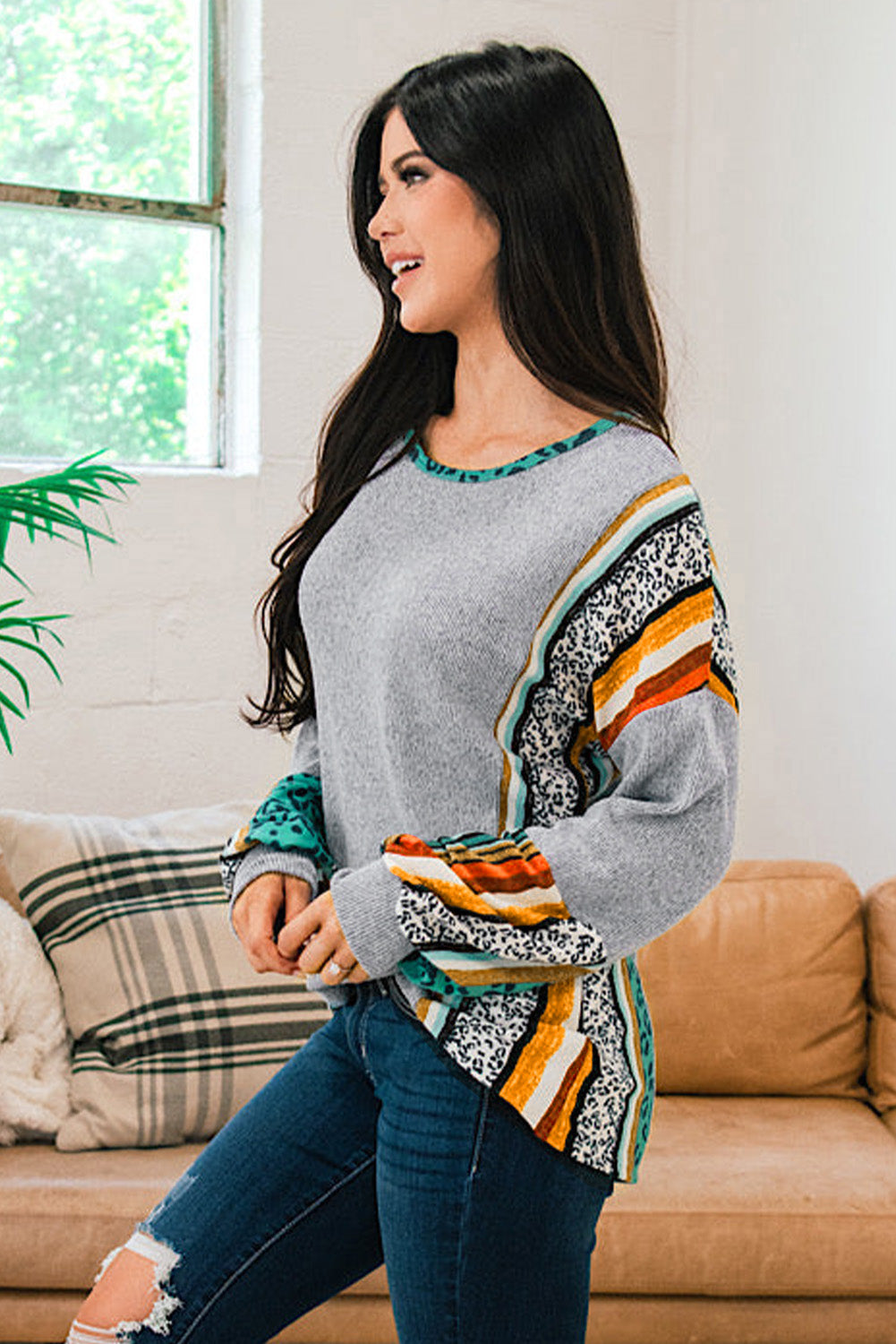 Leopard Serape Drop Shoulder Bubble Sleeves Knit Top