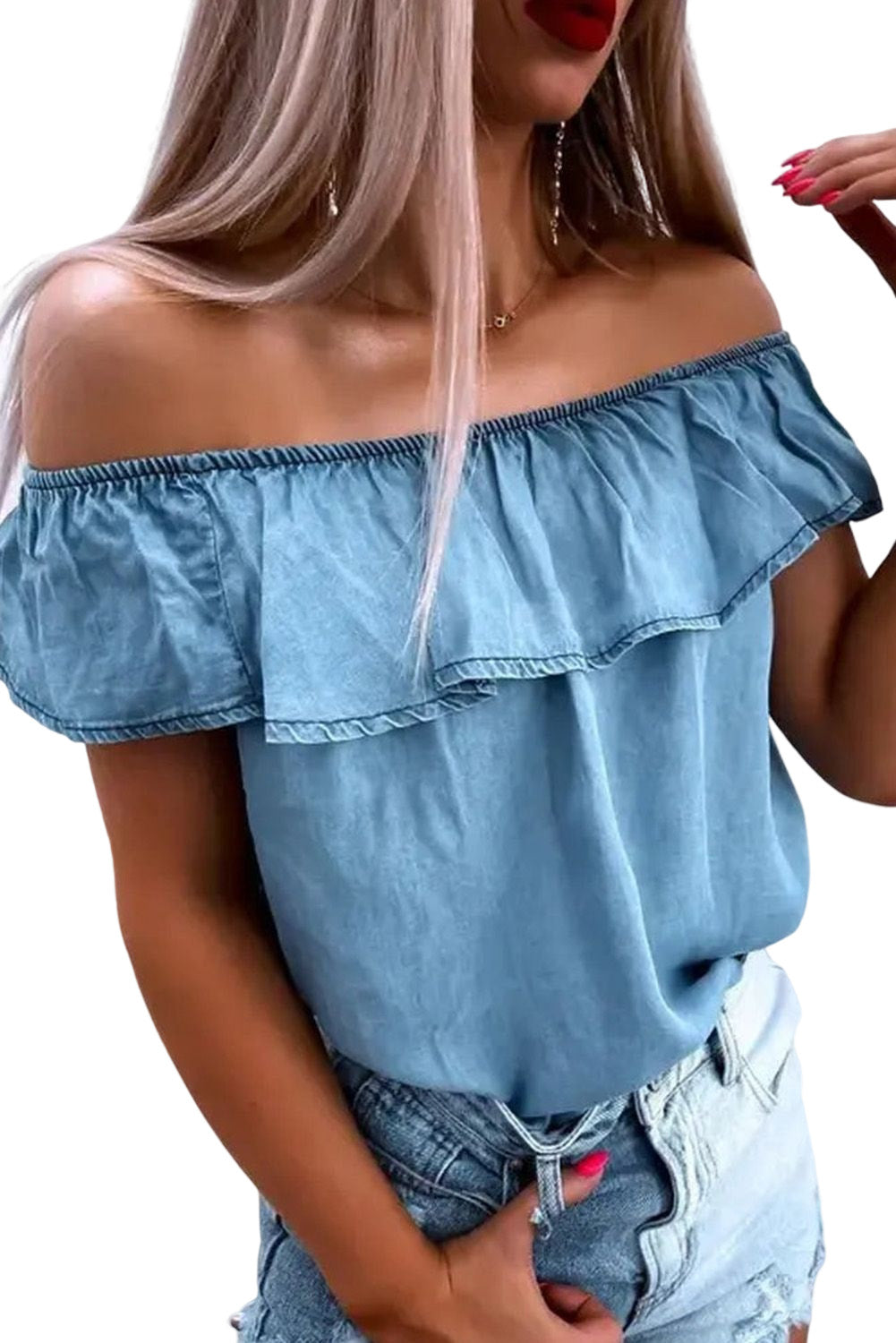 Off-the-shoulder Ruffled Denim Top