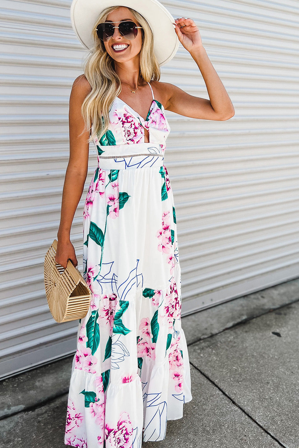 Floral Twist Cutout Adjustable Straps Maxi Dress