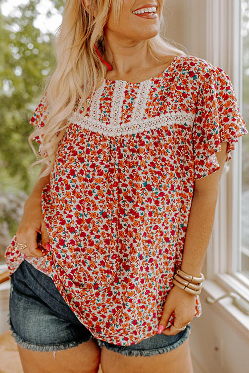 Floral Printed Lace Trim Plus Ruffle Sleeve Blouse