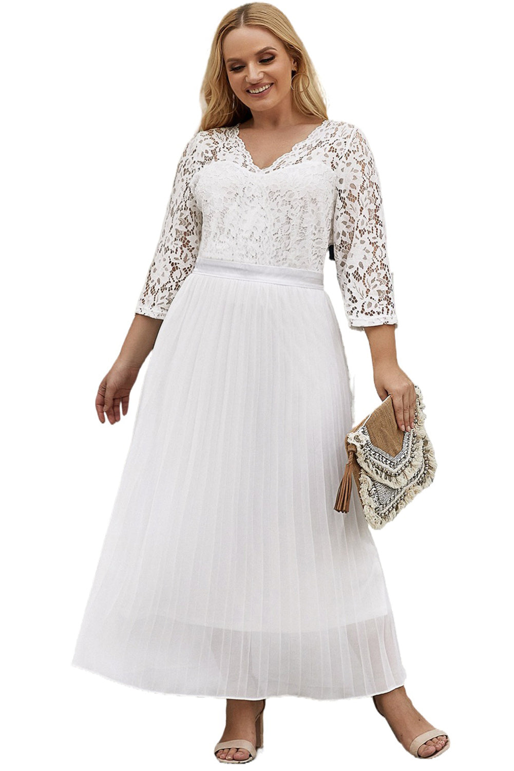 Lace Scalloped V Neck 3/4 Sleeves Pleated Tulle Plus Maxi Dress