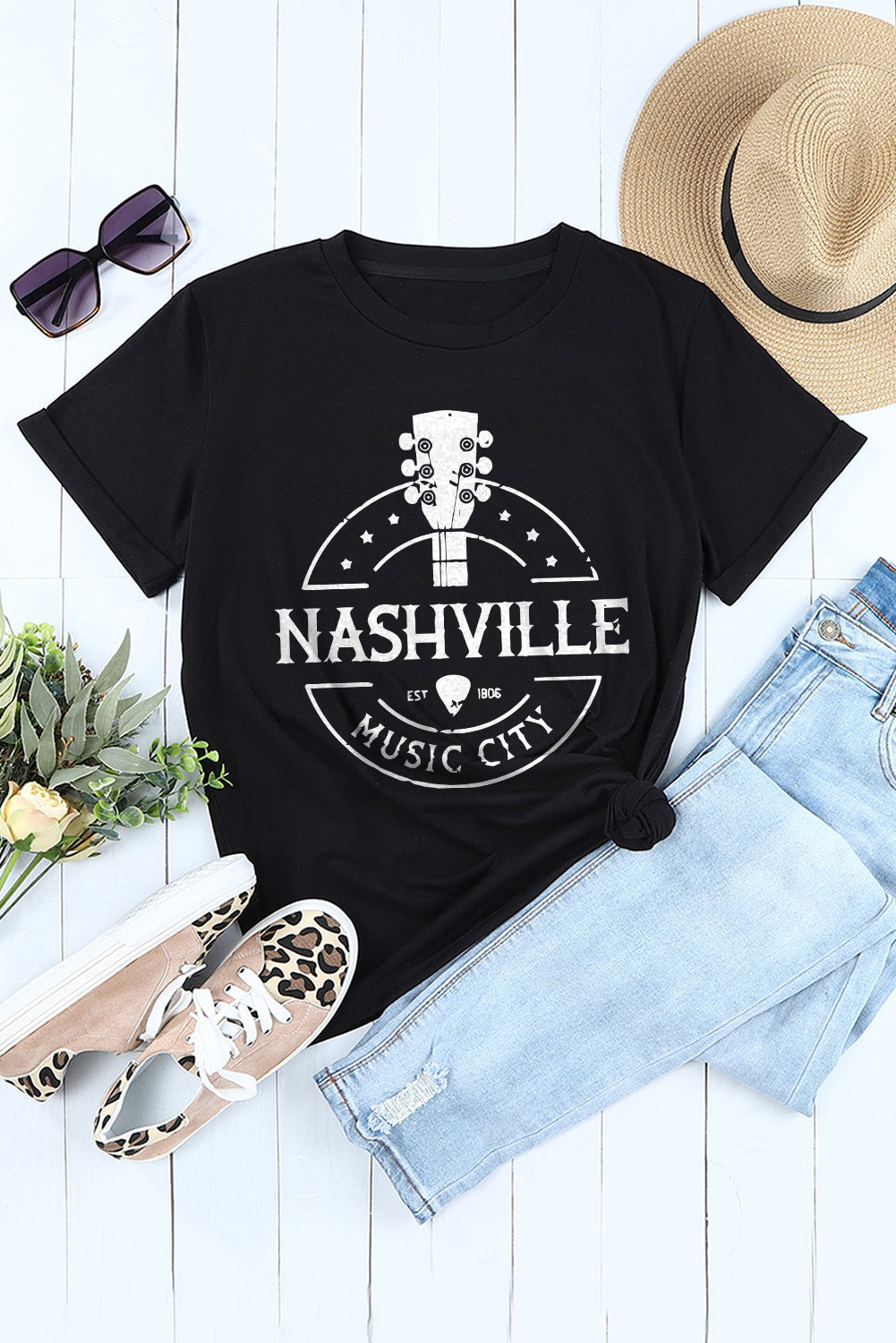 NASHVILLE MUSIC CITY Graphic Print Crew Neck T Shirt