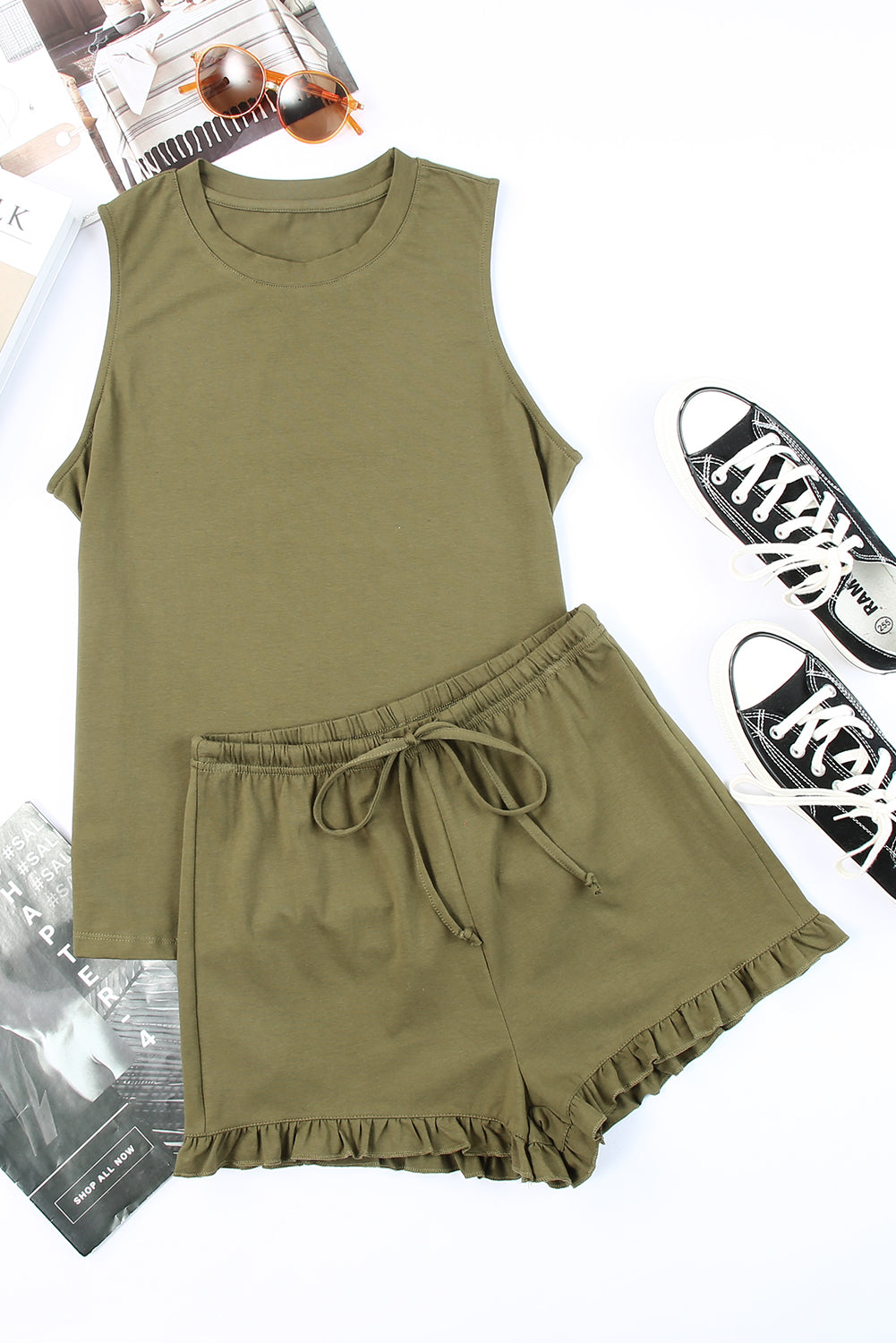 Crew Neck Tank and Drawstring Ruffled Shorts Lounge Set