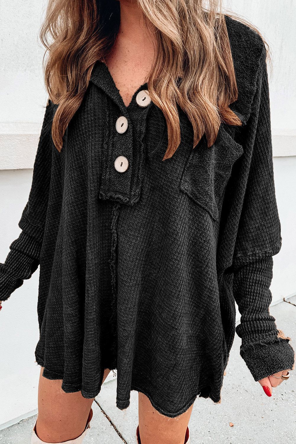 Waffle Knit Buttoned Long Sleeve Top