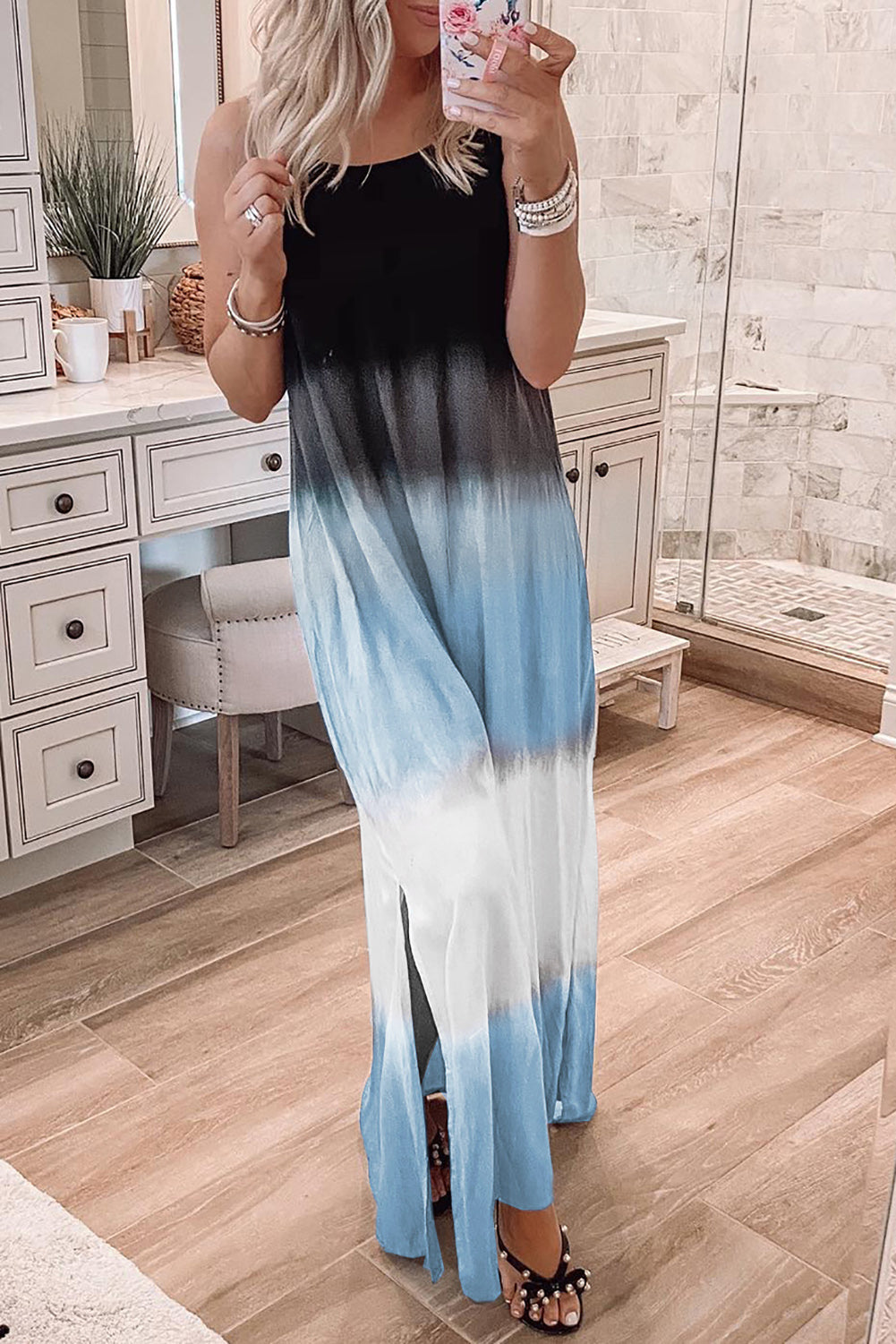 Spaghetti Strap Tie Dye Slit Maxi Dress