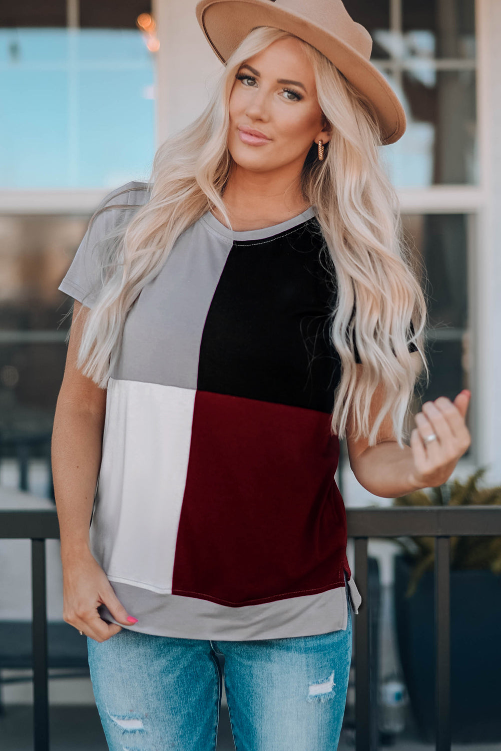 Wine Red Colorblock T-shirt with Slits