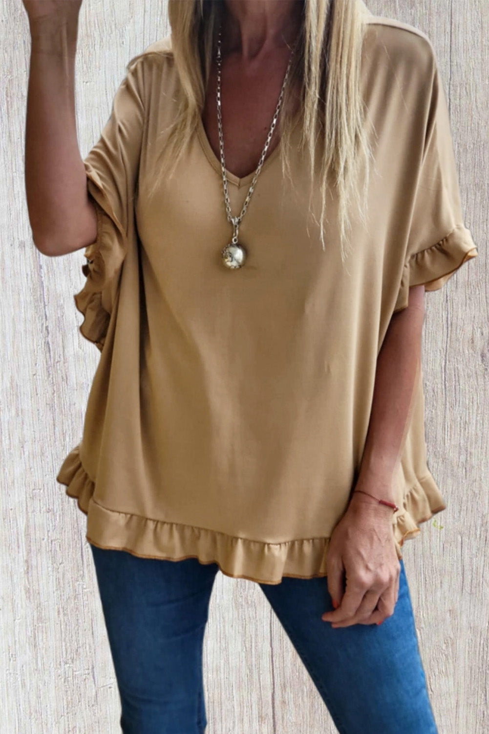 Khaki Ruffle Trim Short Sleeve Oversize Blouse