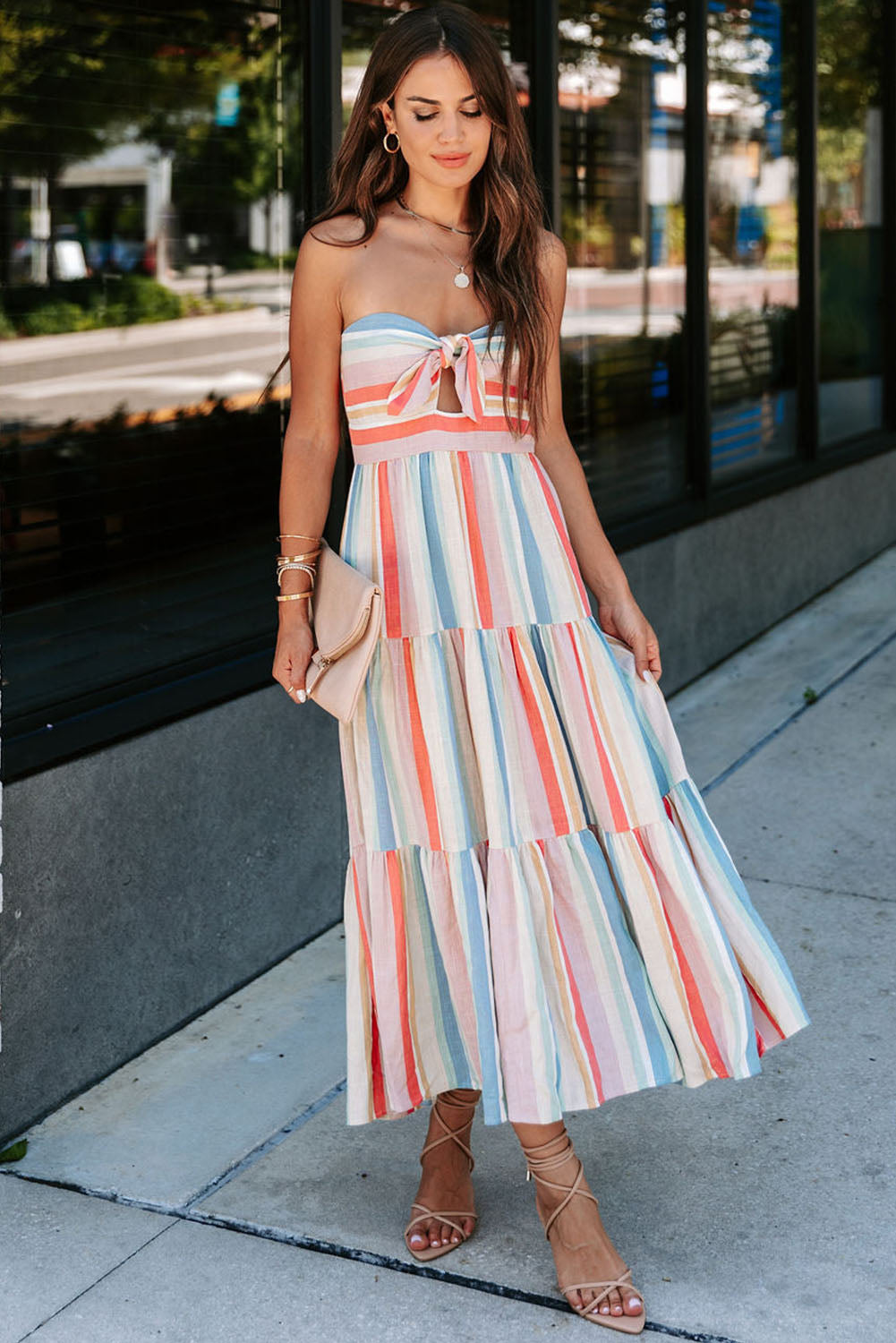 Multicolor Striped Tie Decor Strapless Tiered Maxi Dress