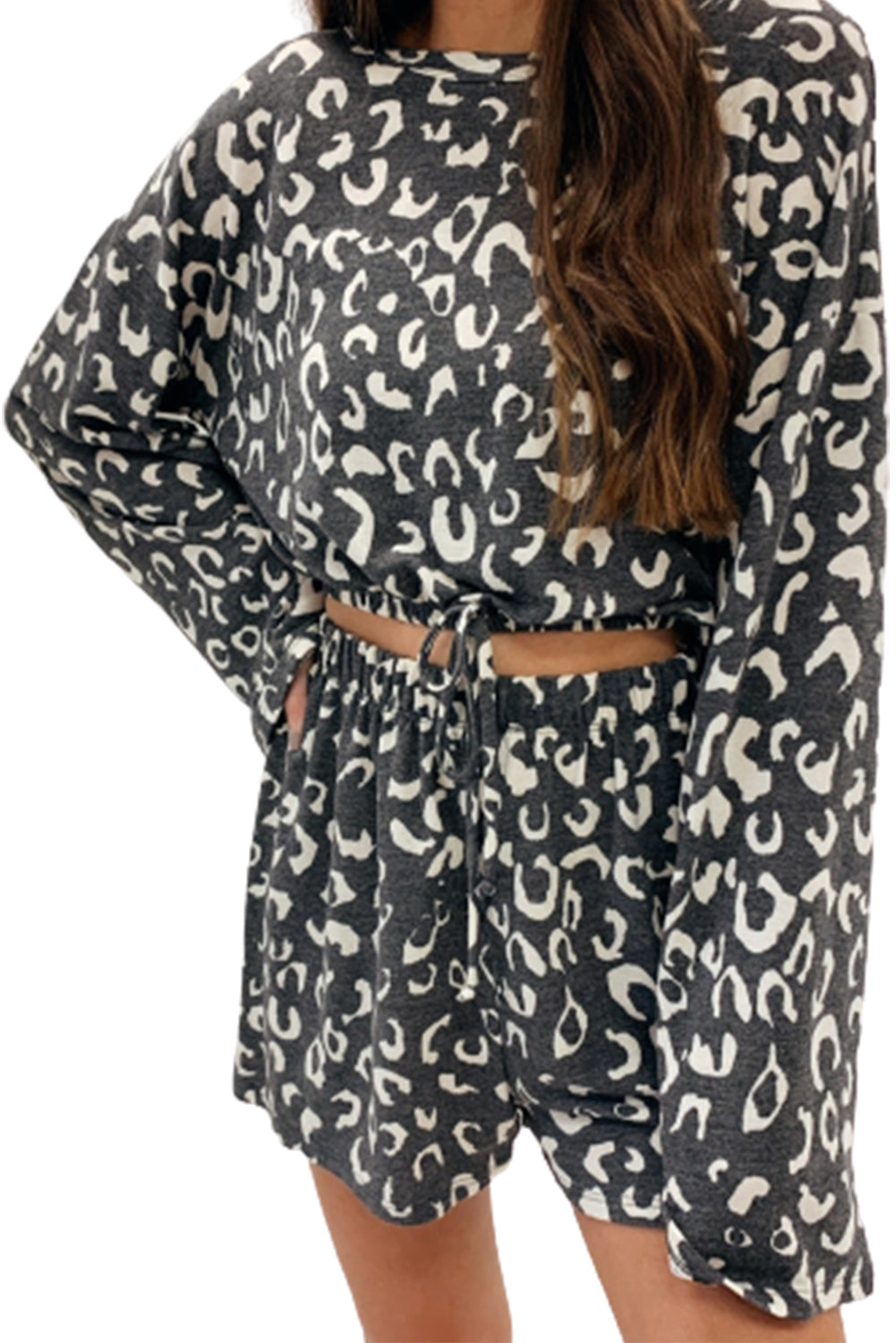 Animal Print Long Sleeves Pullover and Shorts Lounge Set