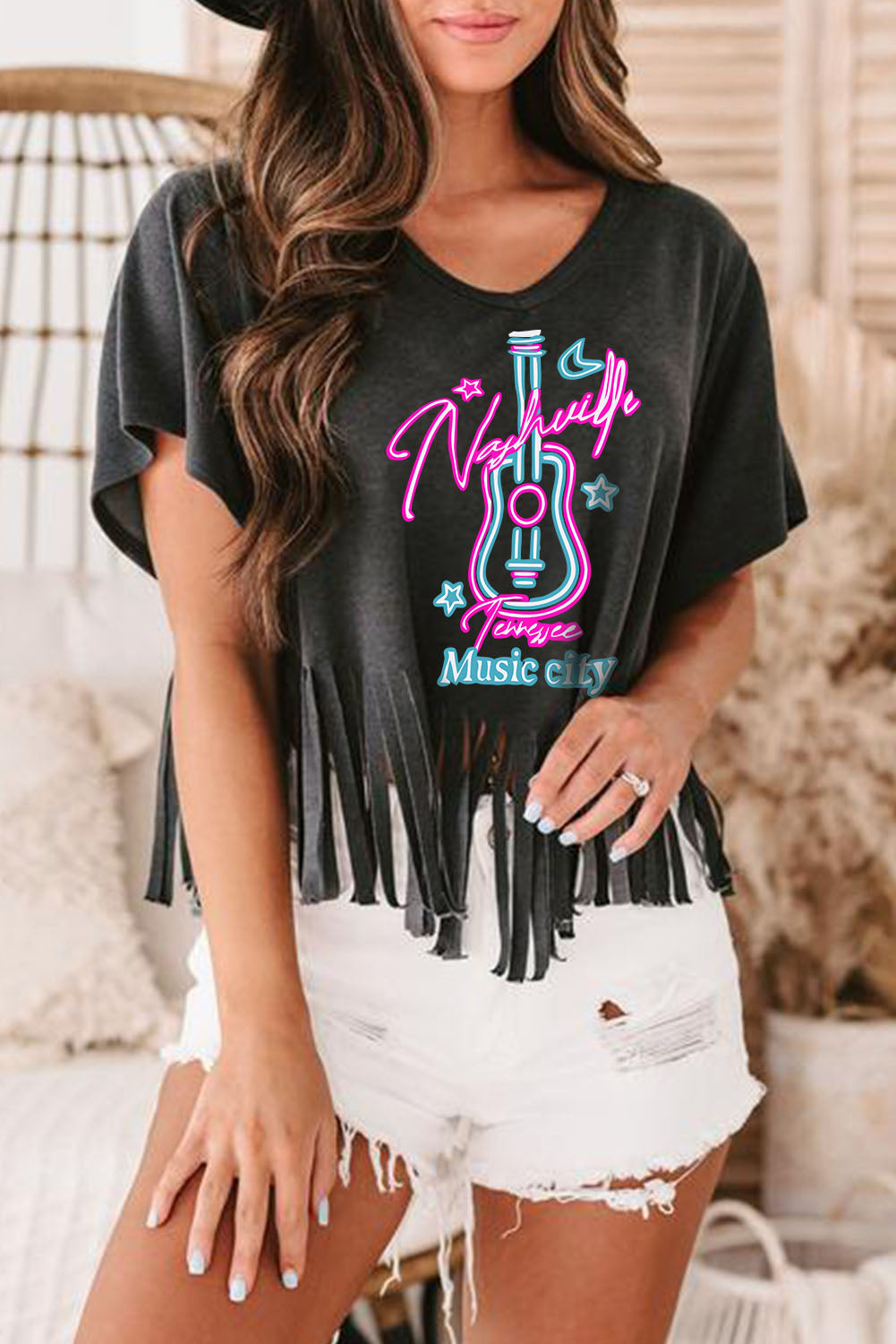 Nashville Guitar Slogan Print Fringed V Neck Graphic Tee