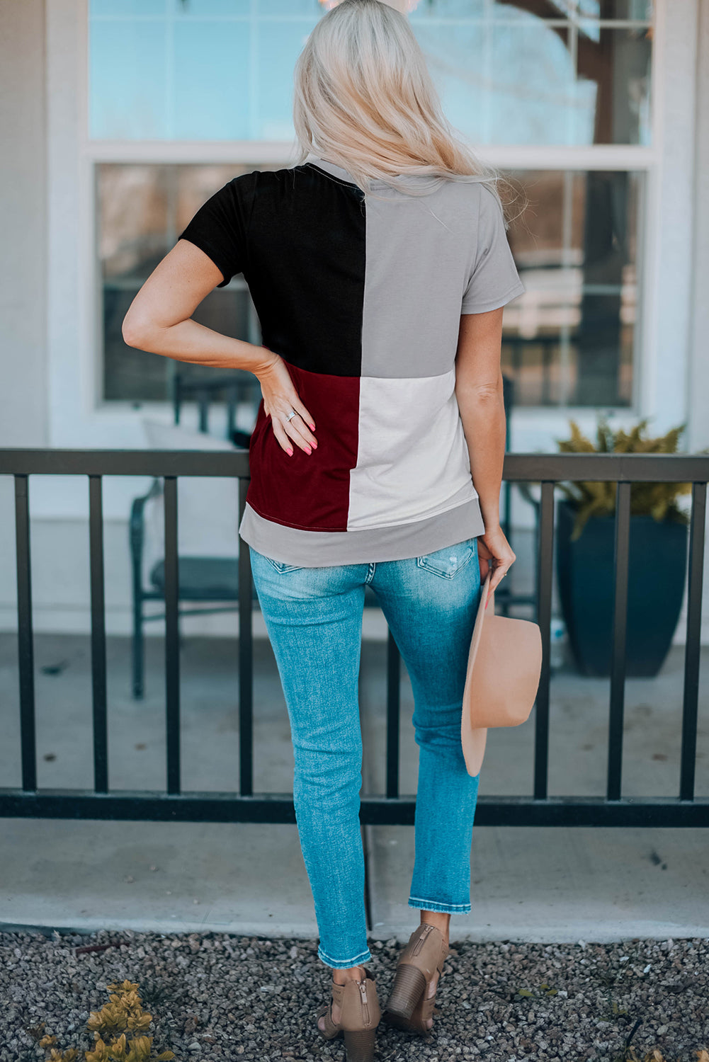 Wine Red Colorblock T-shirt with Slits