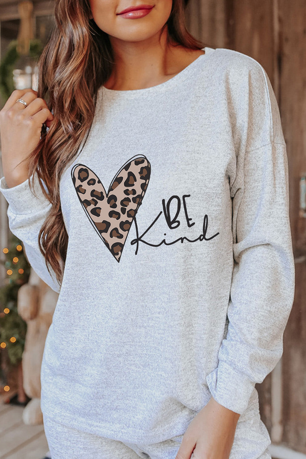 BE Kind Leopard Heart Graphic Pullover and Joggers Lounge Set