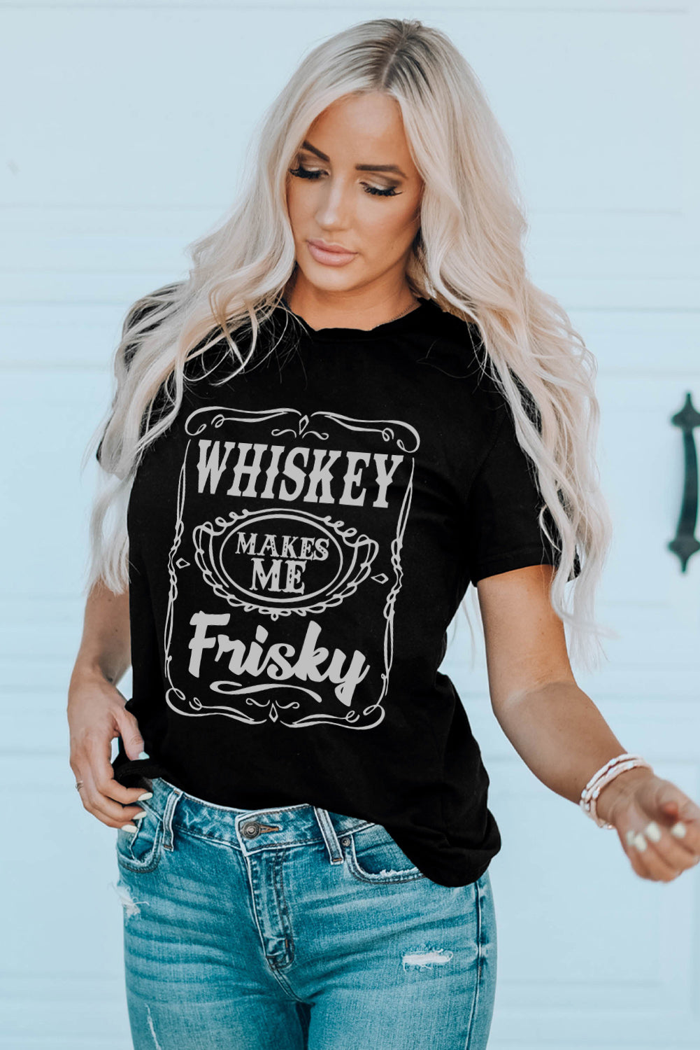 WHISKEY Makes Me Frisky Print Crewneck Graphic Tee