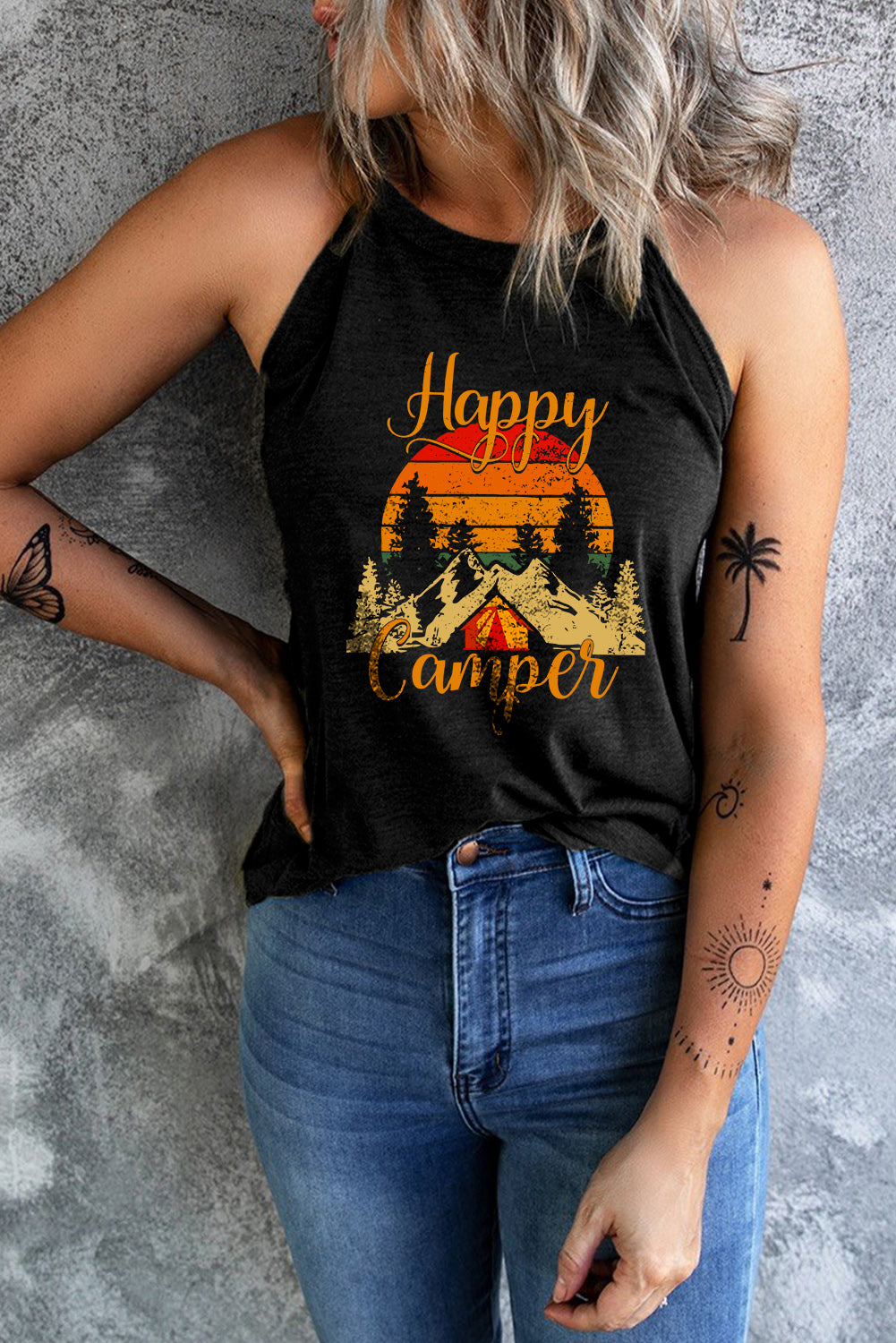 Happy Camper Pattern Printed Color Block Slim Fit Tank Top