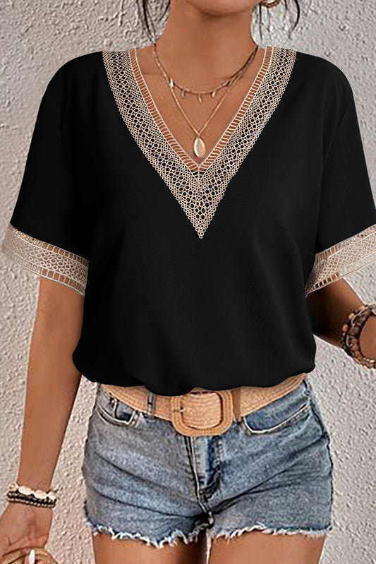 Lace Trim V Neck Short Sleeve Blouse