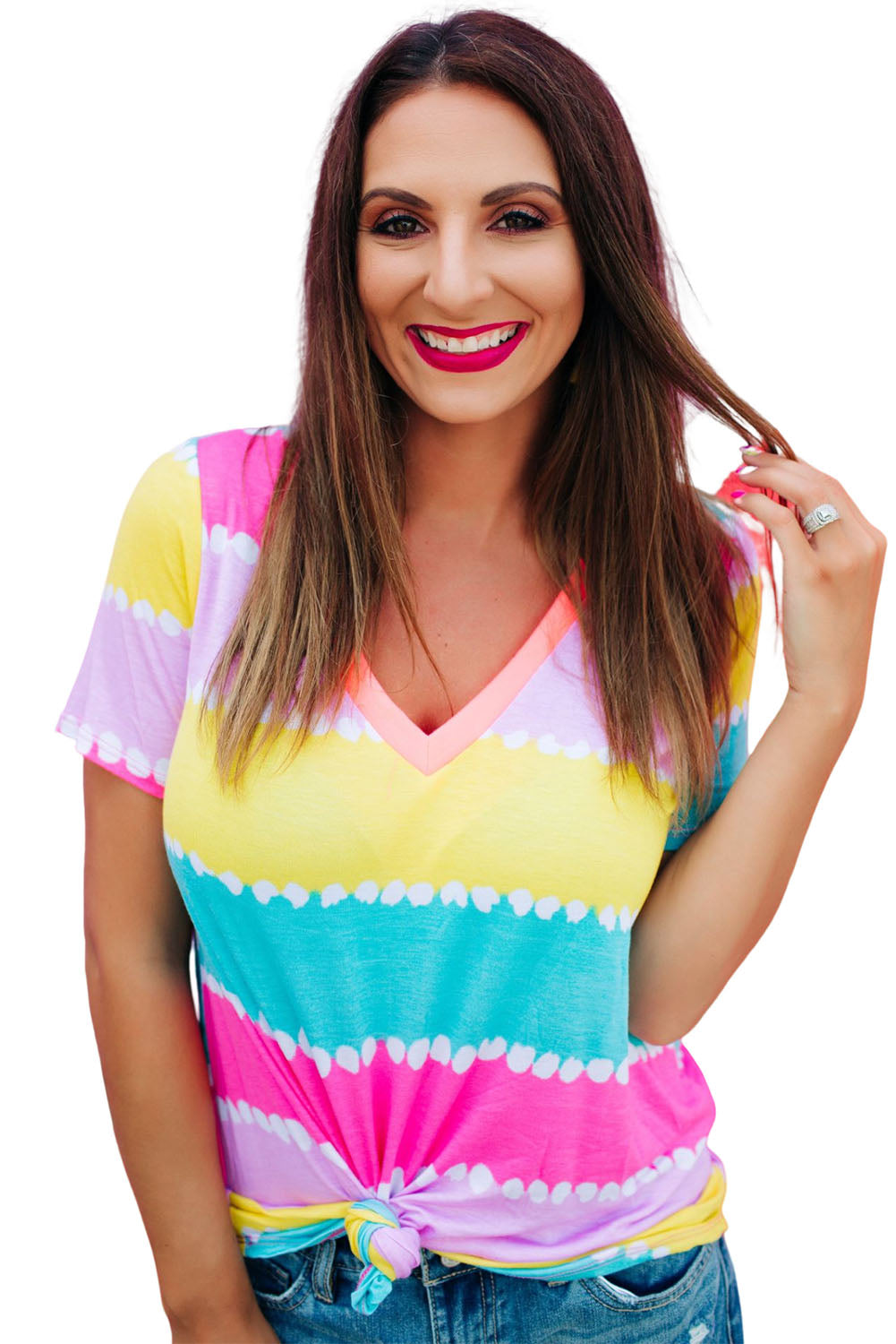 Striped Color Block V Neck T Shirt