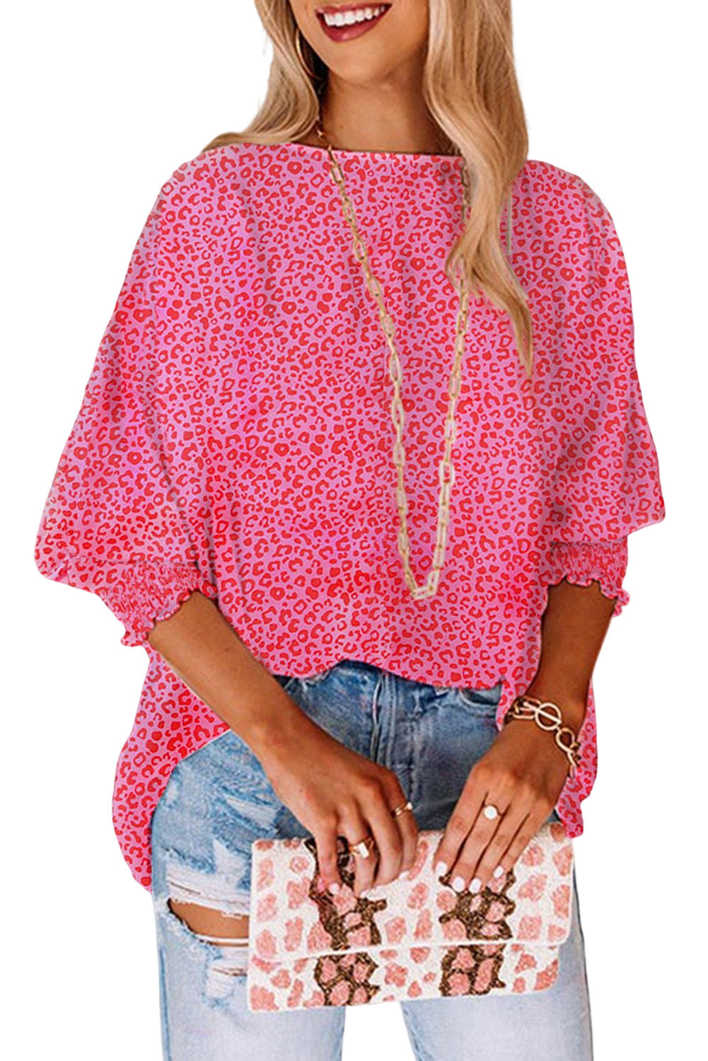 Oversized Leopard Puff Sleeve Blouse