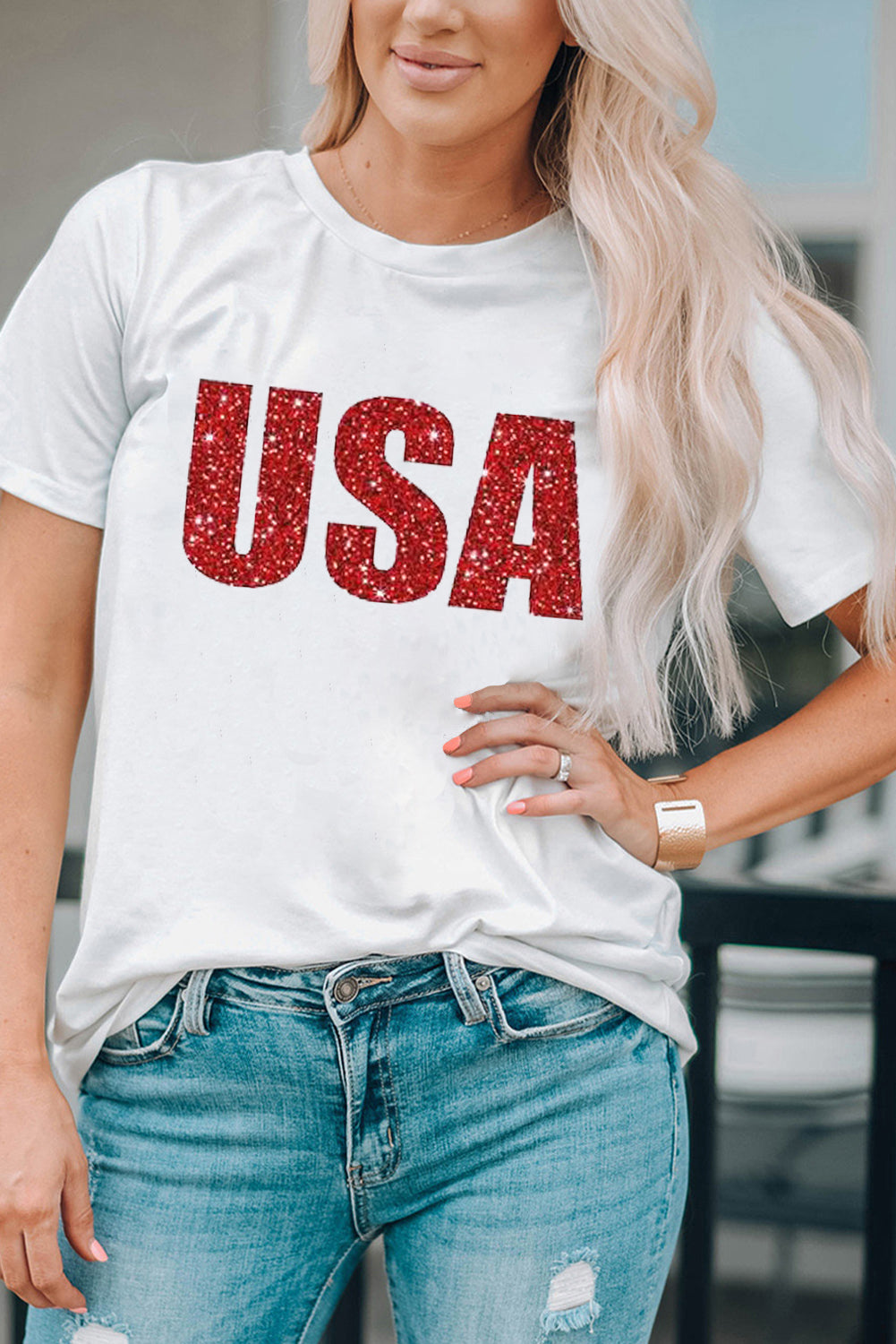 USA Glitter Pattern Print Short Sleeve T Shirt